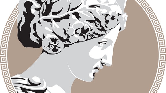 Eine Vektorgrafik im Stile griechischer Mythologie zeigt einen menschlichen Kopf von der Seite.