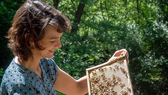 Frau hält Bienenwabe