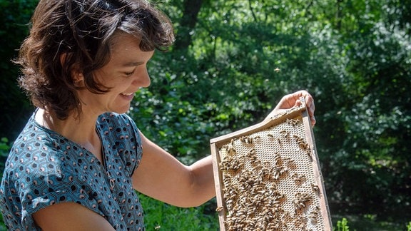 Frau hält Bienenwabe