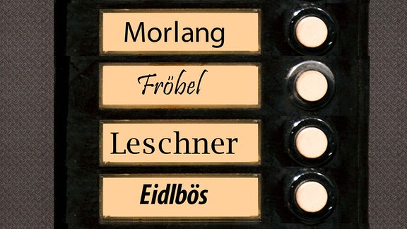 Klingelschild  mit den Namen Morlang, Leschner, Fröbel, Eidlbös