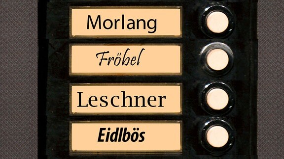 Klingelschild  mit den Namen Morlang, Leschner, Fröbel, Eidlbös 