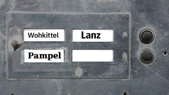 Klingelschilder mit den Namen Wohkittel, Lanz, Pampel.