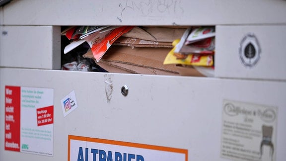 Ein Container für Papier und Pappe ist voll und überfüllt. 