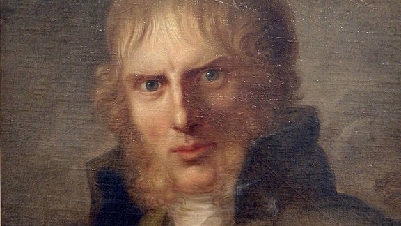 Ein junger Mann mit Backenbart und hochgestelltem Kragen, Gemälde 