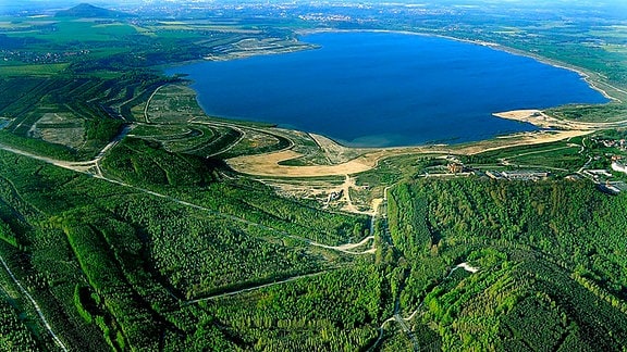 Ein ehemaliger Tagebau, der heute als See genutzt wird, umgeben von Bäumen und Büschen.