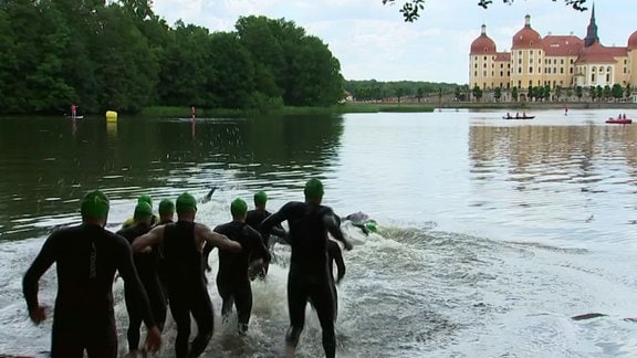 Triathleten gehen ins Wasser vor dem Schloss Moritzburg.