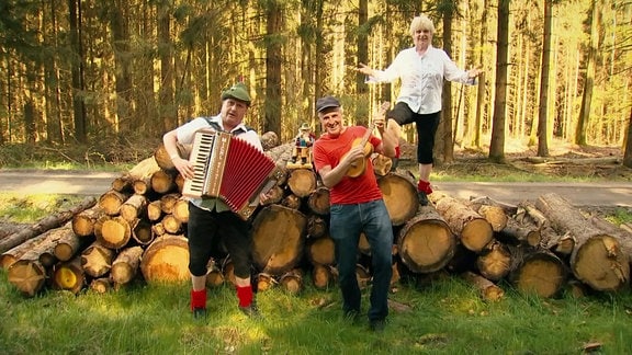 Musiker "De Randfichten" vor einem Baumstämmestapel.