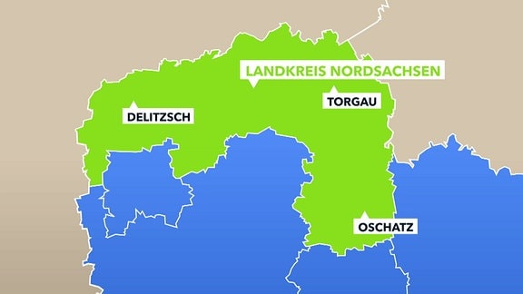 Lankreis Nordsachsen auf einer Karte des Freistaates grün hervorgehoben, mit den Städten Delitzsch, Oschatz und Torgau