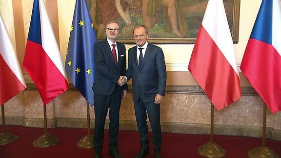 Polens Regierungschef Tusk bei einer gemeinsamen Pressekonferenz mit seinem tschechischen Amts-Kollegen Fiala