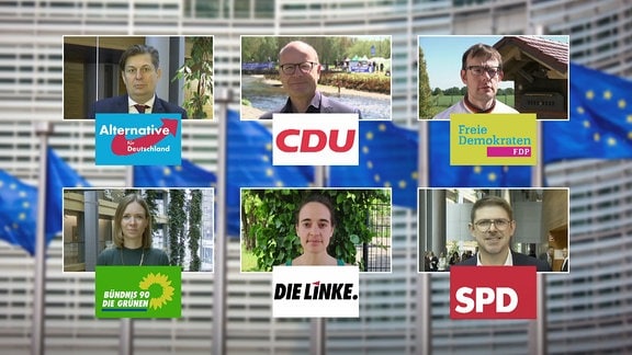 Unter den Porträts von Personen steht ihre Parteizugehörigkeit.