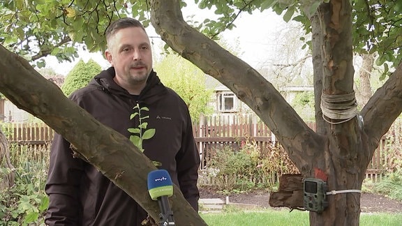 Mann wird in seinem Garten interviewt