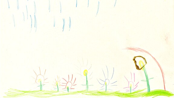 Ein Kinderzeichnung von einer Wiese mit Blumen und blauen Regentropfen