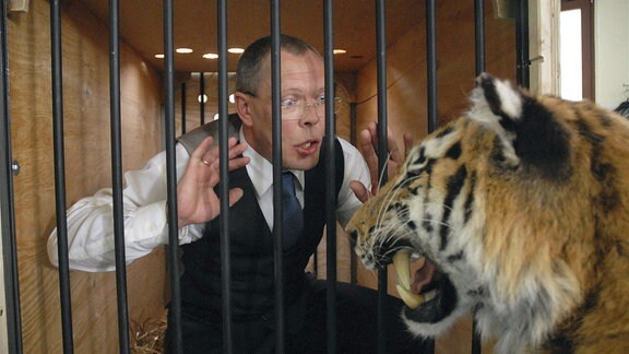 OB Herrenbrück (Frank Sieckel) hat aus Versehen den Tiger aus seinem Käfig entkommen lassen.