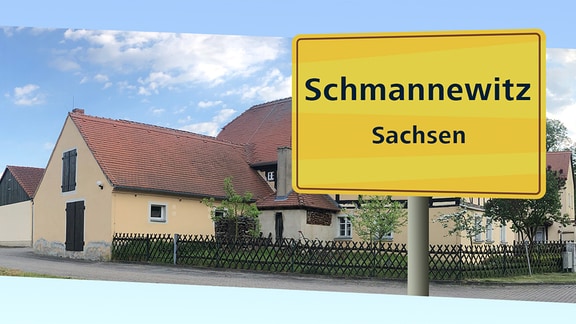 Das Ortsschild von Schmannewitz für die Sendung Unser Dorf hat Wochenende