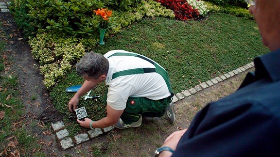 Friedhofsgärtner Martin Cziborra 'pflanzt' einen Grab-QR-Code