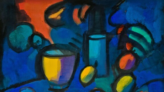 Abstrahiertes Obst und Gefäße auf einem Gemälde von Jan Buck