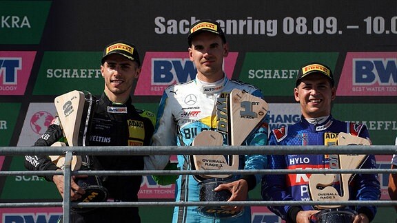 DTM 2023, Sachsenring, Sieger Luca Stolz, Mercedes-AMG Team HRT, 2.Platz für Thomas Preining, Manthey EMA, 3-Platz für Ayhancan Güven, Team75 Motorsport.