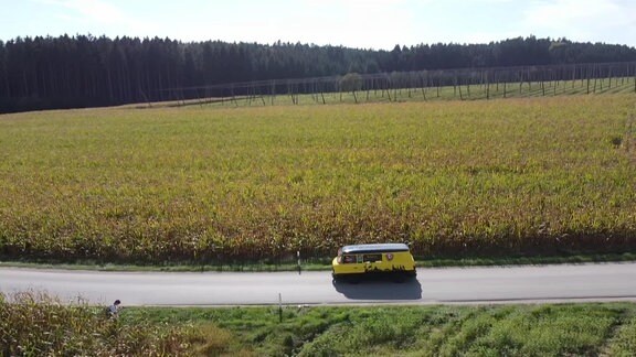 Ein in schwarz und gelb gestrichener Bus mit Dynamo-Aufschrift fährt auf einer Straße durch Felder