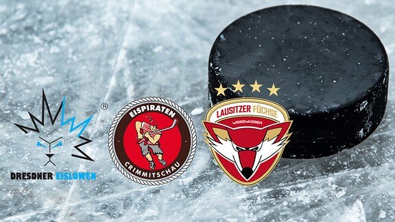 Logos der Vereine Dresdner Eislöwen, Lausitzer Füchse und Crimmitzschauer Eispiraten vor Eishockey-Hintergrund