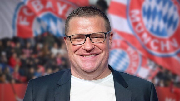 Eine Fotomontage zeigt Max Eberl vor FC Bayern München Fans.