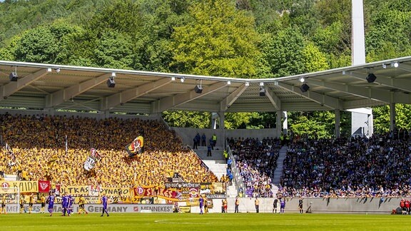Dynamo Fans im Gästeblock des Erzgebirgsstadions, 2018