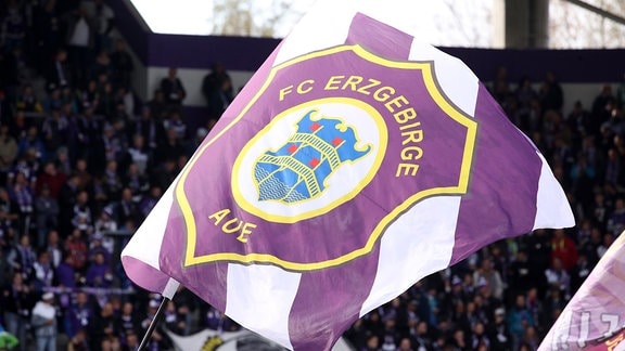 Fans von Erzgebirge Aue schwenken Fahne mit Logo