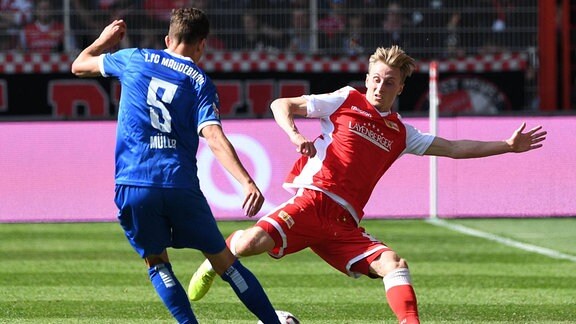 v. l. Tobias Müller (1. FC Magdeburg), Joshua Mees (1. FC Union)