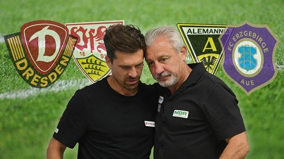 Aue-Trainer Pavel Dotchev und Dynamo-Coach Thomas Stamm Arm in Arm. Daneben die Logos der beiden Vereine und ihrer Gegner: Aachen für Aue und Stuttgart für Dresden