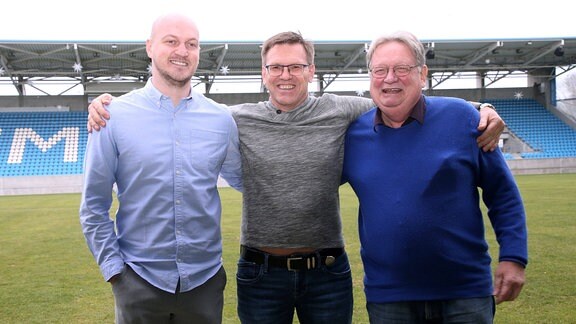 Sportdirektor Armin Causevic, Aufsichtsrat Uwe Hildebrandt und Geschäftsführer Michael Reichardt (Chemnitzer FC)