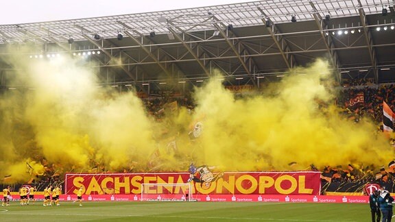 Fans von Dynamo Dresden präsentieren ein Banner 