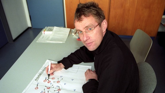 Teammanager Ralf Rangnick sitzt an einer taktischen Zeichnung