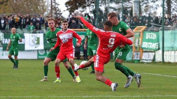 Cyrill Akono (9, Hallescher FC) gegen Tobias Reithmeir (13, Chemie Leipzig)