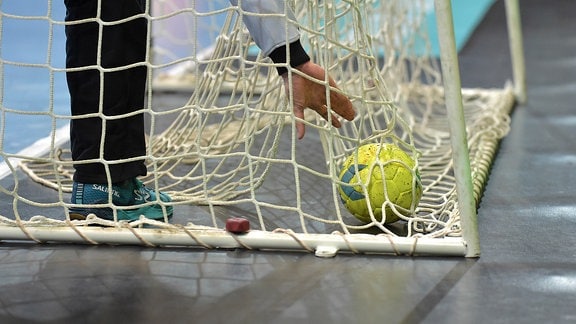 Ein Ball wird aus einem Tornetz geholt