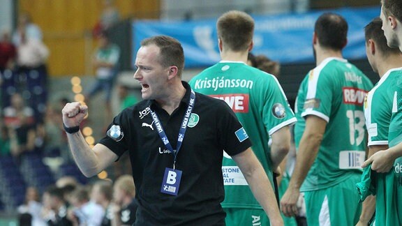 Trainer Andre Haber (SC DHfK Leipzig), Jubelt