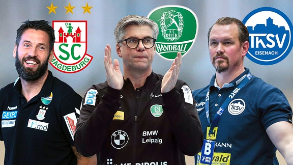 Die Trainer Bennet Wiegert von SC Magdeburg, Runar Sigtryggsson von DHfK Leipzig und Misha Kaufmannvon ThSV Eisenach