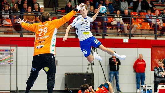 v.l. Nikolas Katsigiannis (TuS N-Luebbecke, 29), Staffan Peter (EHV Aue, 18) GER, TuS N-Luebbecke vs. EHV Aue, Handball