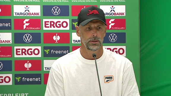 Marco Rose, Trainer RB Leipzig, bei der Pressekonferenz nach dem 4:1-Sieg gegen Rot-Weiss Essen in der 1. Runde des DFB-Pokals