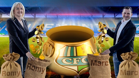 Bildmontage: Romy Polster und Marc Arnold bereichern sich an einem Goldtopf mit dem Logo des Chemnitzer FC.