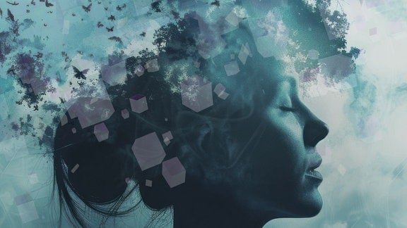 Bildcollage zeigt eine junge Frau mit geschlossenen Augen im Profil. Leicht transparent darüber liegt ein Bild von stilisierten Schmetterlingen und Qaudraten.