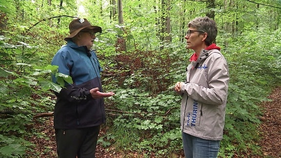 Reporterin und Wegewart im Wald