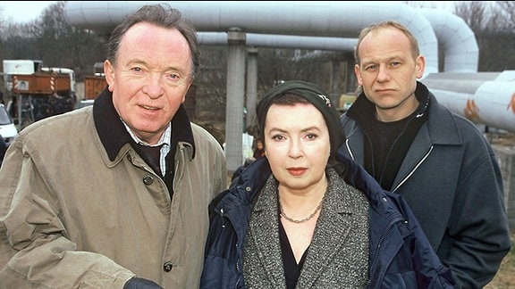 Peter Sodann, Simone von Zglinicki und Bernd Michael Lade (v.l.n.r.) bei den Dreharbeiten für den Tatort "Atlantis".