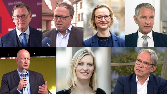 Collage: Bodo Ramelow, Mario Vogt, Björn Höcke, Georg Maier, Madelaine Henfling, Thomas Kemmerich, Katja Wolf  