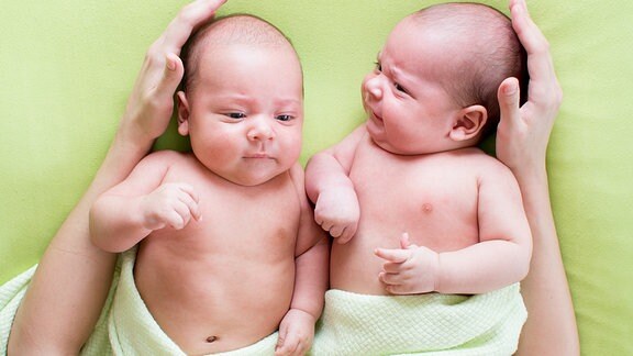 Zwei Babys werden mit den Händen gehalten.