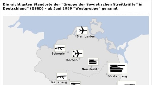 Die wichtigsten Standorte der "Gruppe der Sowjetischen Streitkräfte in Deutschland" 1990