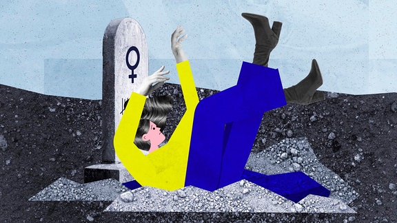 Eine gezeichnete Frau fällt rücklings in ein Grab.