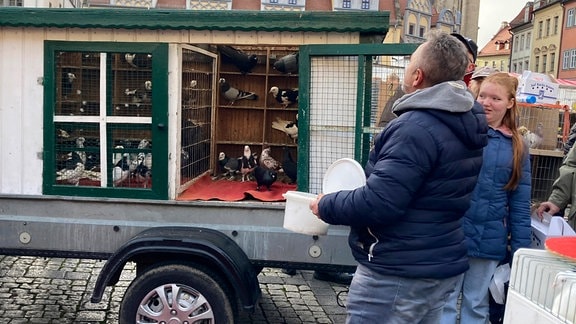 Sebatsian Raca mit seinen Flugakrobaten auf dem Naumburger Taubenmarkt