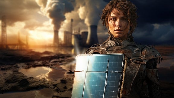 Die Revolution der Erneuerbaren - apokalyptisch gekleidete Frau mit einem Schild aus Solarzellen