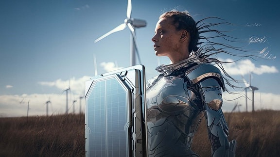 Die Revolution der Erneuerbaren - Frau in schillernder Rüstung mit einem Schild aus Solarzellen