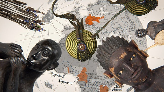 Illustration - Afrikanische Schätze vor einer Weltkarte