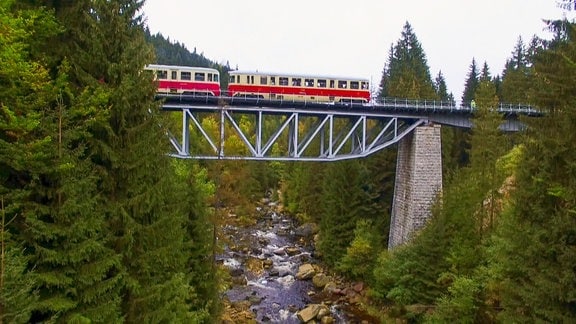 Ein Zug fährt auf einer Brücke über einen steinigen Flusslauf.